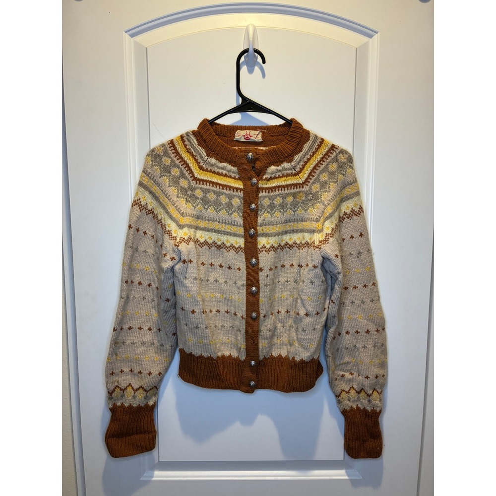 Womens Vintage Style 100% Wool Button Down Sweater Patterned Size XS/S